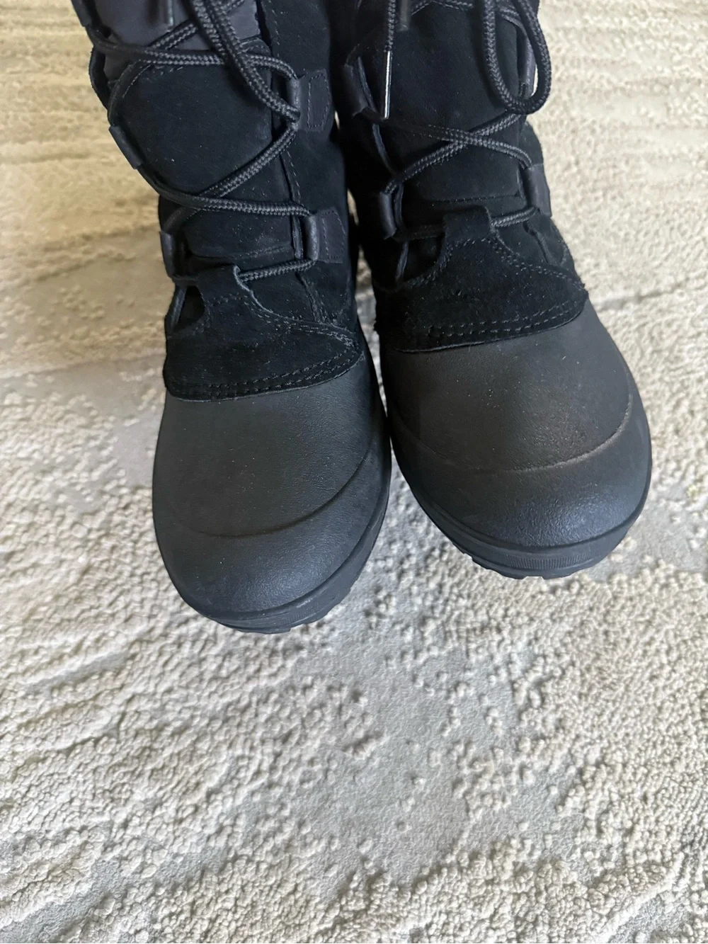 Lands' End black winter boots Quilted Suede rubber lace up pull on fur 10.5